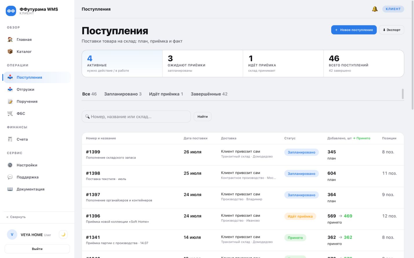 Поступления: план и факт в WMS Фулфилмент
